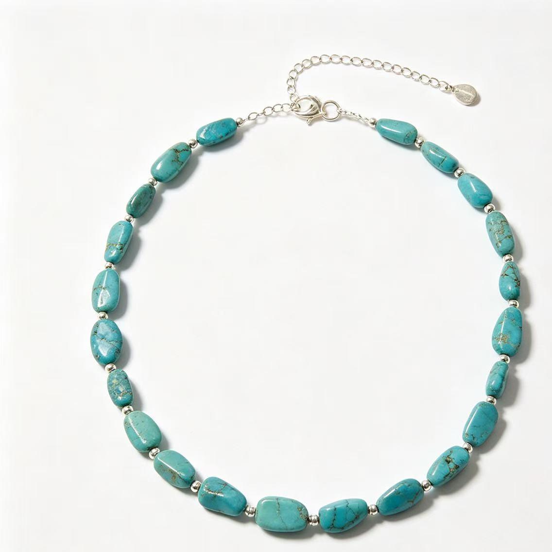 Boho Irregular Turquoise Bead Necklace, Casual Hand‑Knotted Gem Choker with Extender Chain