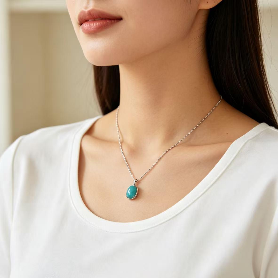 Minimalist Oval Turquoise Stone Silver Necklace, Dainty Daily Wear Gem Pendant Necklace